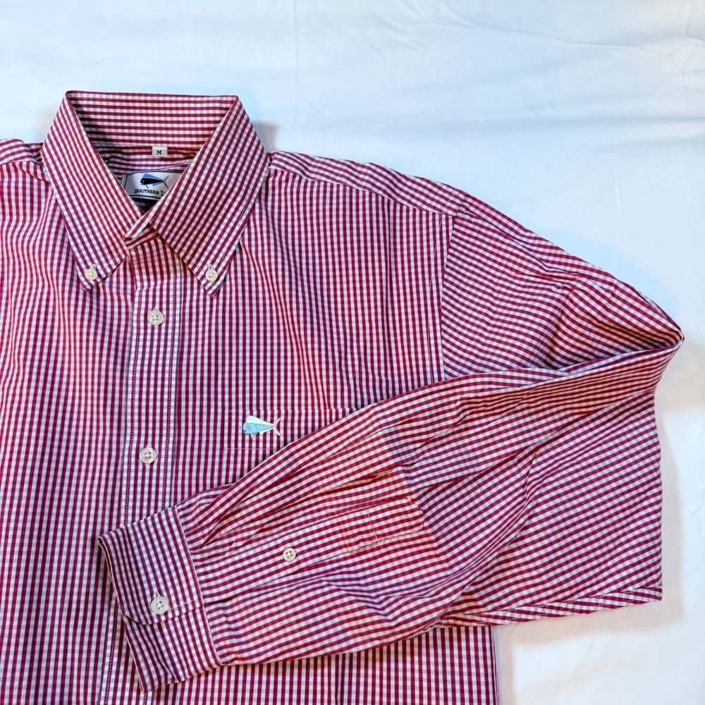 Southern Lure Mens Red Gingham Check Cotton Button Down Shirt Size M Fish Logo